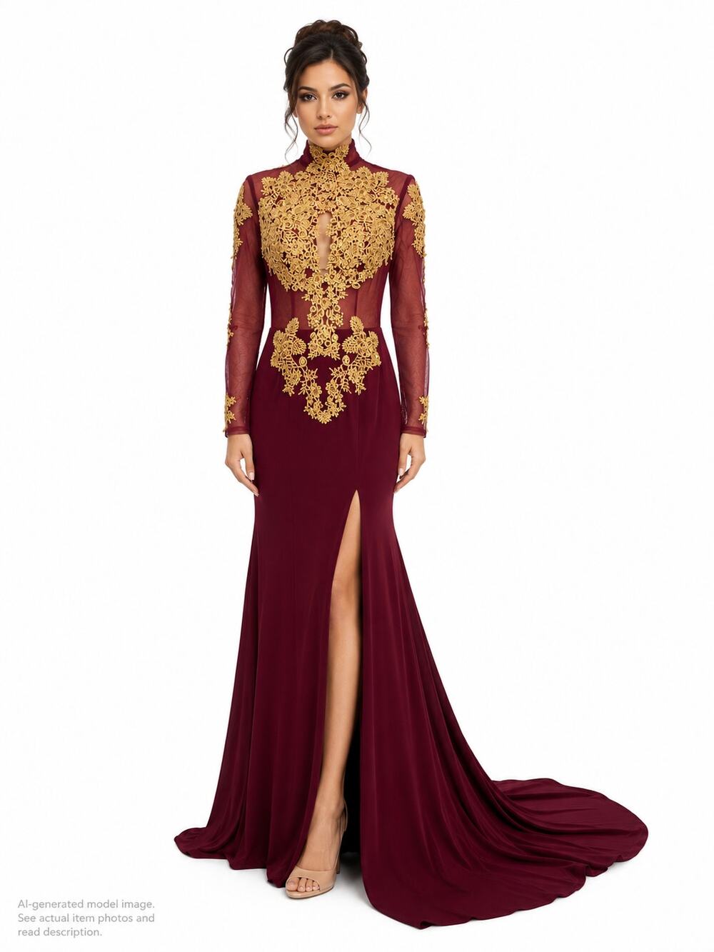 580. Burgundy Gold Lace Mermaid Formal Evening Gown Long Sleeve Small